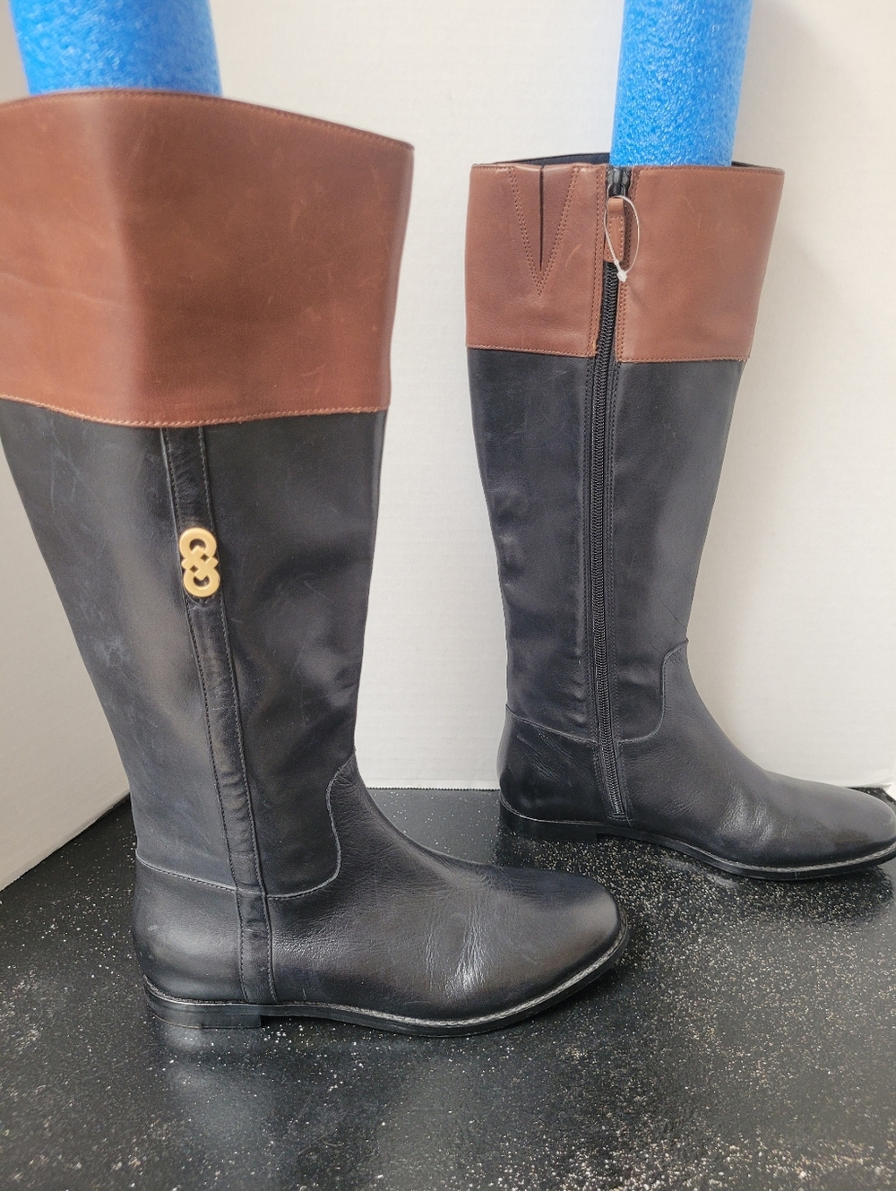 Cole Haan Tall Two-Tone Leather Riding Boots with Gold Detail - Picture 3 of 9